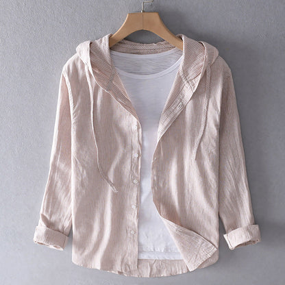 Women's Hooded Button-Up Shirt - Lightweight Cotton - Relaxed Fit - Striped Casual Wear