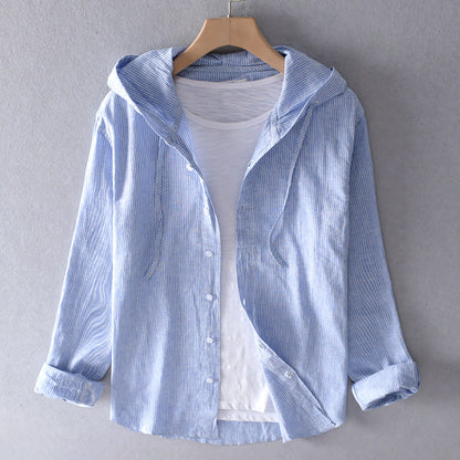 Women's Hooded Button-Up Shirt - Lightweight Cotton - Relaxed Fit - Striped Casual Wear
