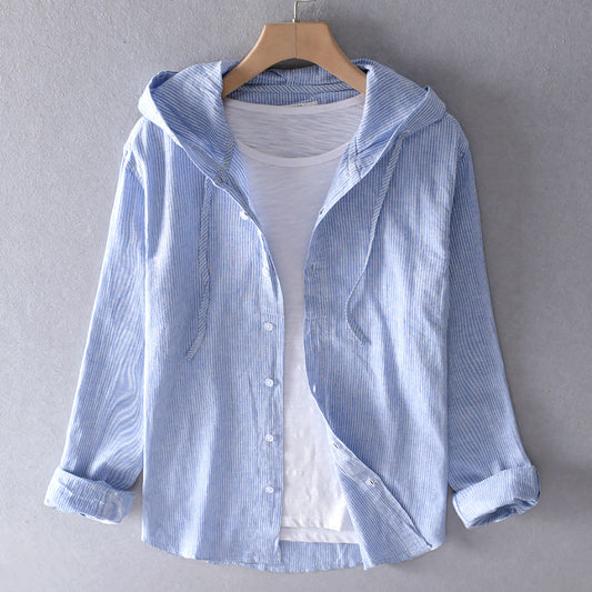Women's Hooded Button-Up Shirt - Lightweight Cotton - Relaxed Fit - Striped Casual Wear