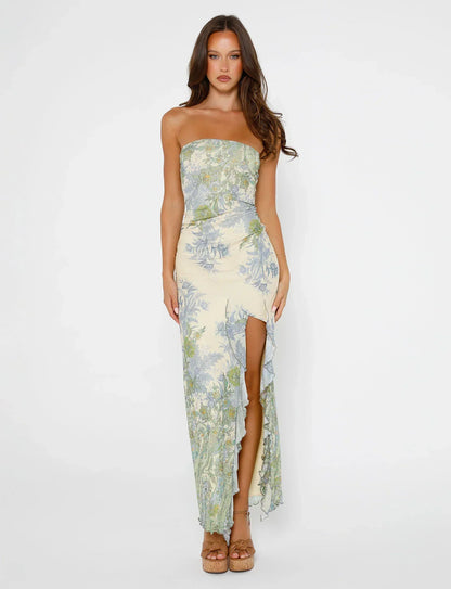 Women’s Maxi Dress – Strapless Fit – Bold Floral Print – High Slit – Elegant Flow