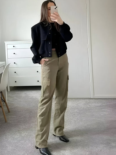 Women's Cropped Varsity Jacket - Classic Button-Up - Ribbed Collar & Cuffs - Casual Fit