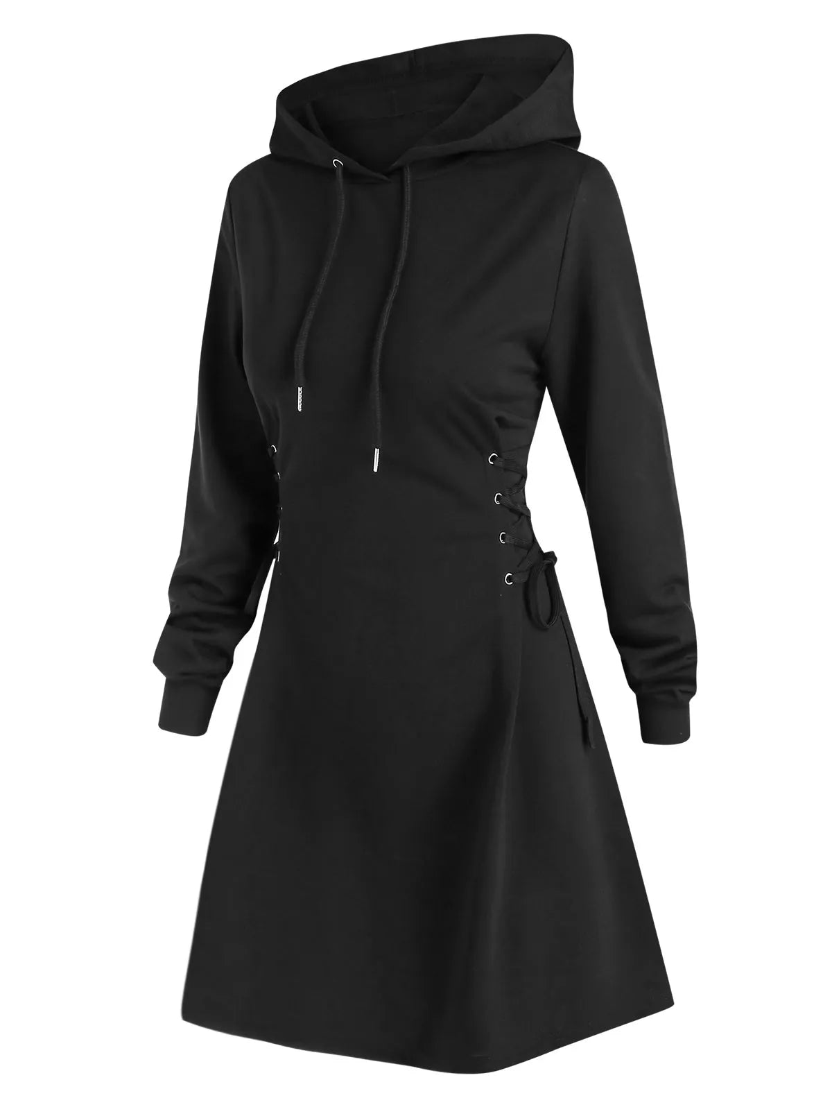 Women's Hooded Mini Dress - A-Line Fit - Lace-Up Sides - Long Sleeve Casual Wear