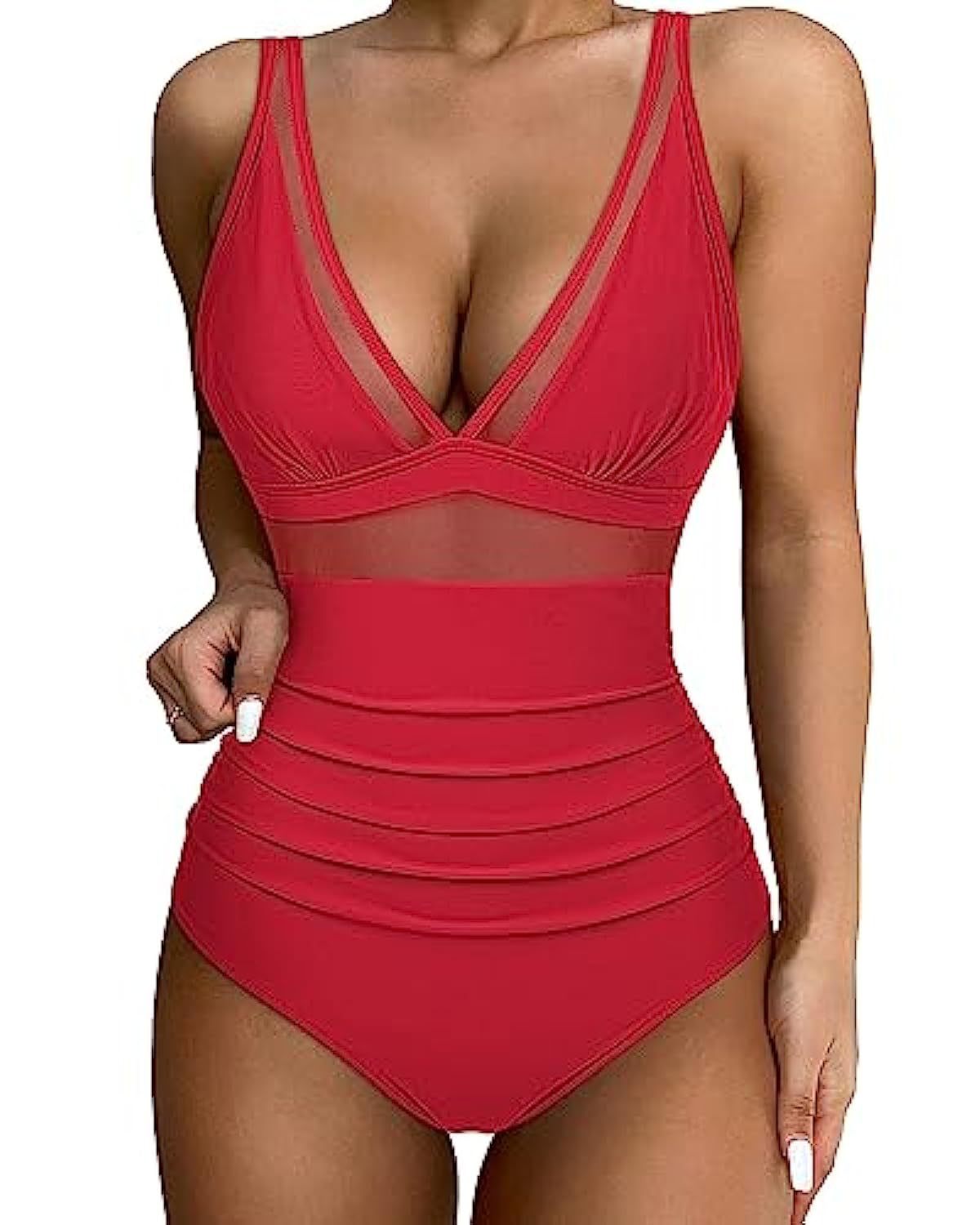 Women’s Swimsuit – Fitted One-Piece – Plunging Neckline – Mesh Panels – High-Cut Leg
