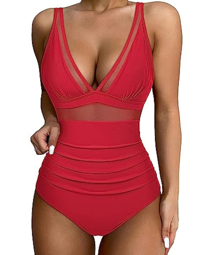 Women’s Swimsuit – Fitted One-Piece – Plunging Neckline – Mesh Panels – High-Cut Leg