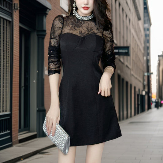 Women's Cocktail Dress - Sheer Lace Sleeves - Sweetheart Neckline - A-Line Short Fit