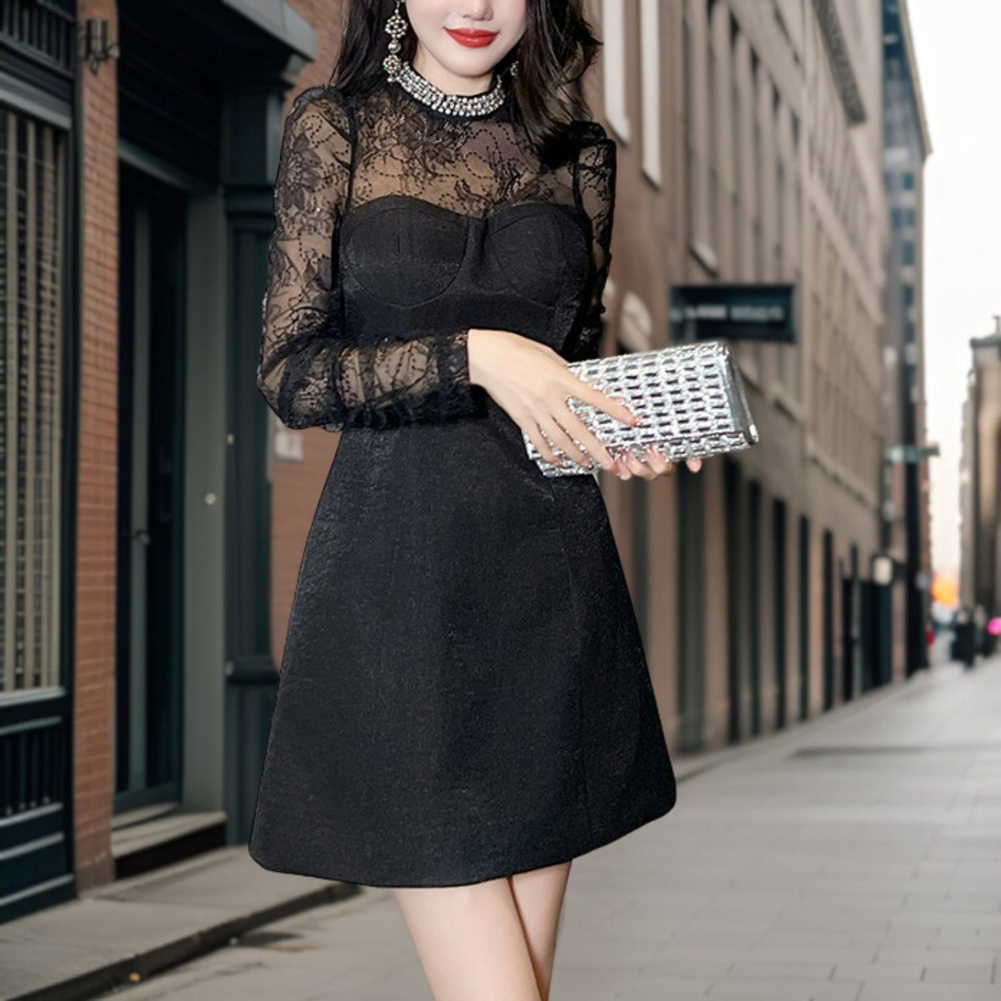 Women's Cocktail Dress - Sheer Lace Sleeves - Sweetheart Neckline - A-Line Short Fit