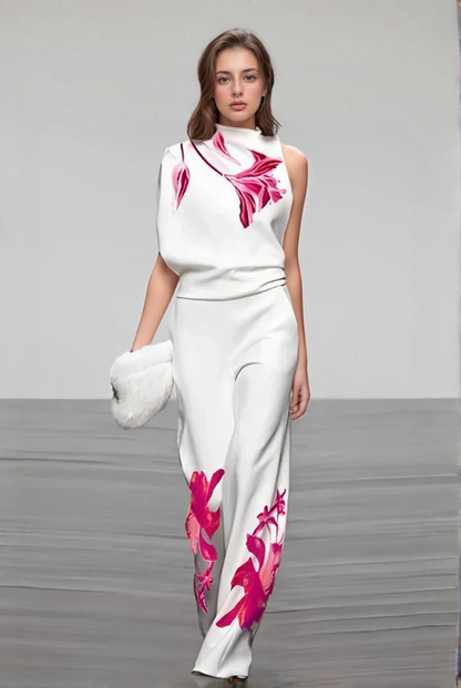 Women's Two-Piece Outfit - Sleeveless Asymmetrical Top & High-Waisted Wide-Leg Trousers