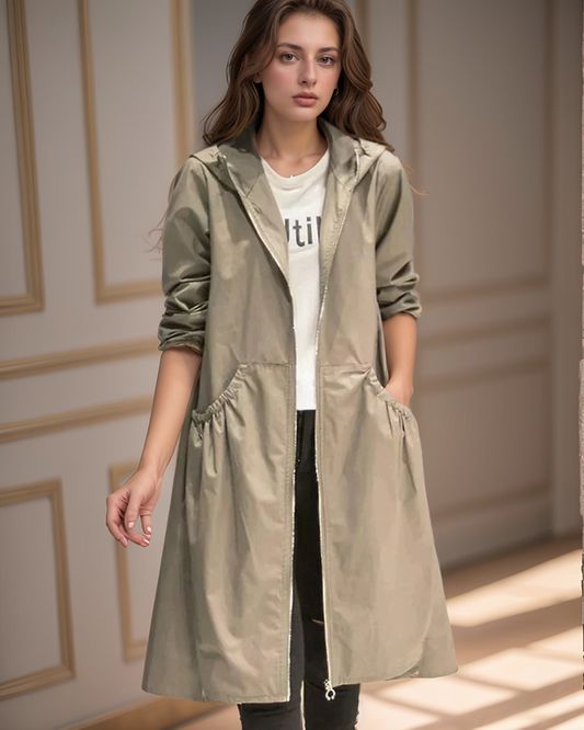 Women’s Hooded Jacket – Waterproof Lightweight – Relaxed Fit – Knee Length – Zip Closure