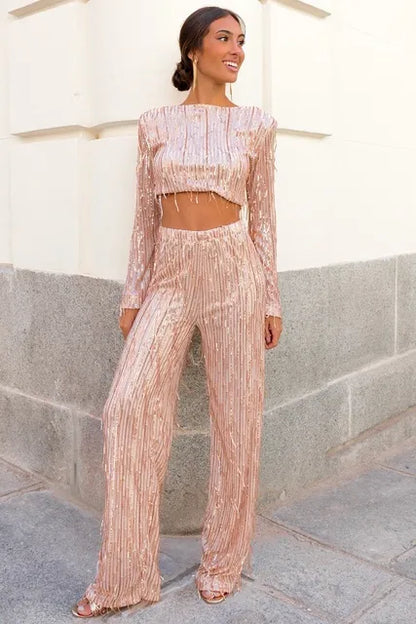 Women's Sequin Crop Top and Pants Set – Long Sleeve – High-Waisted – Elegant Party Wear