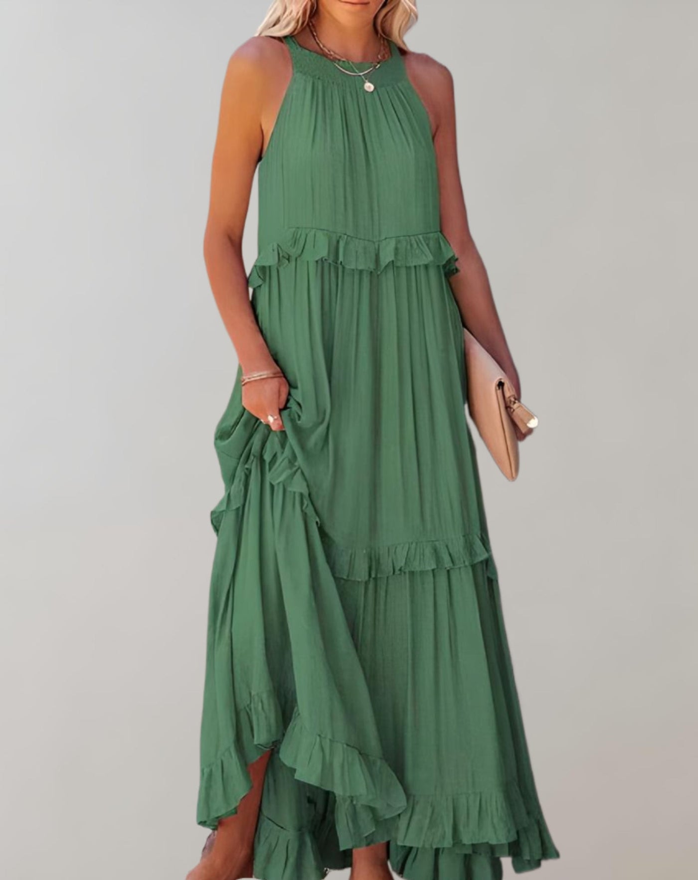 Women’s Maxi Dress - Sleeveless Flowy Fit - High Neck - Ruffle Detail - Lightweight Fabric
