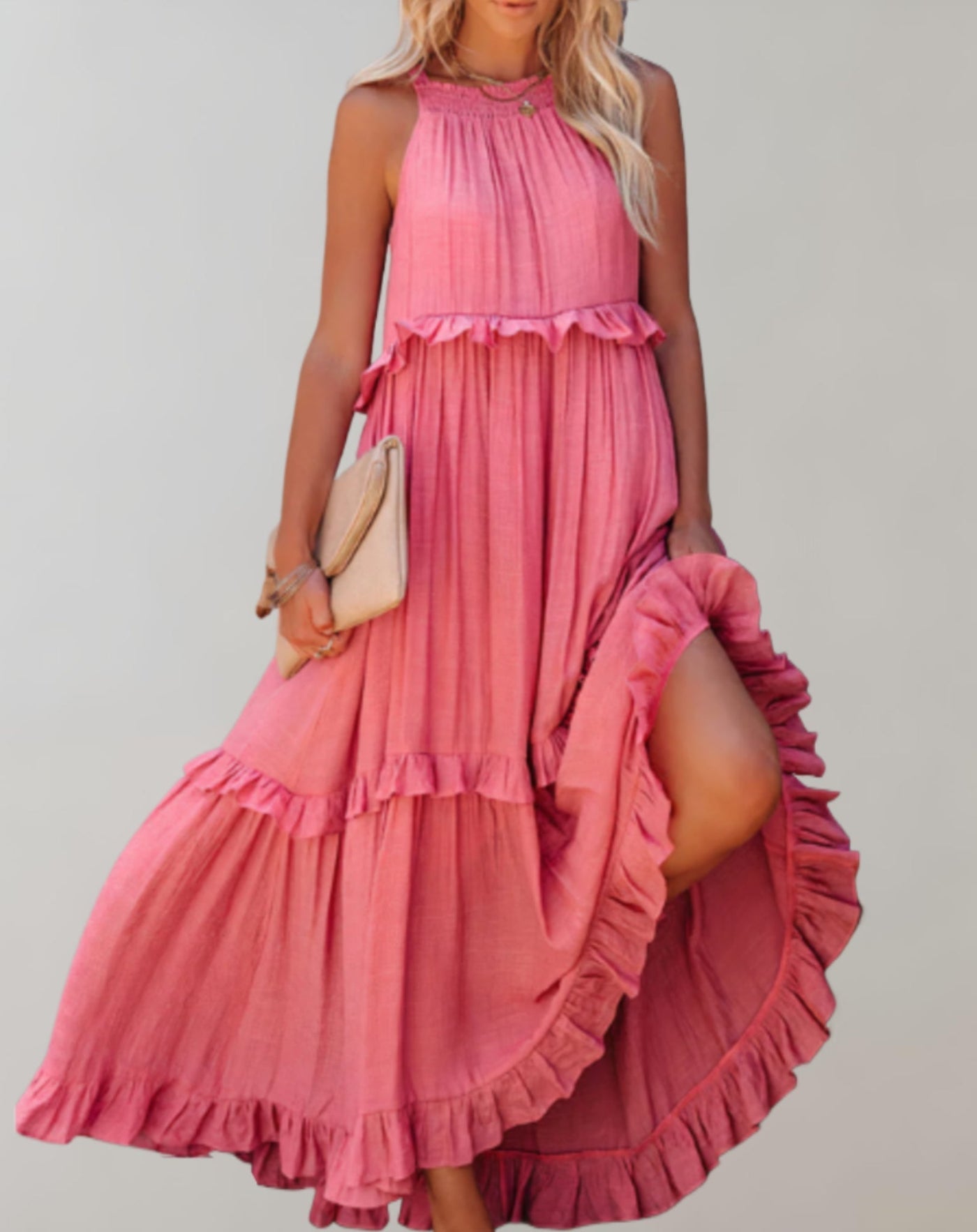 Women’s Maxi Dress - Sleeveless Flowy Fit - High Neck - Ruffle Detail - Lightweight Fabric