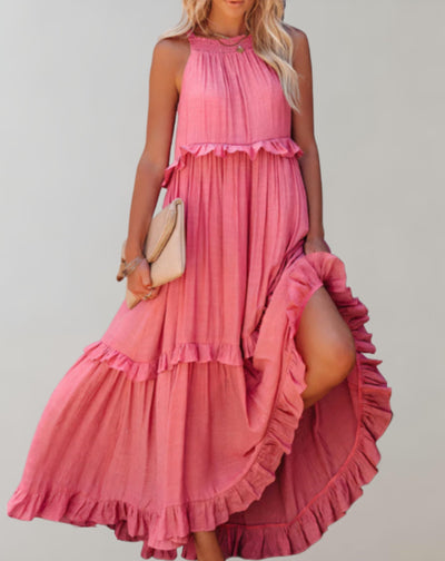 Women’s Maxi Dress - Sleeveless Flowy Fit - High Neck - Ruffle Detail - Lightweight Fabric