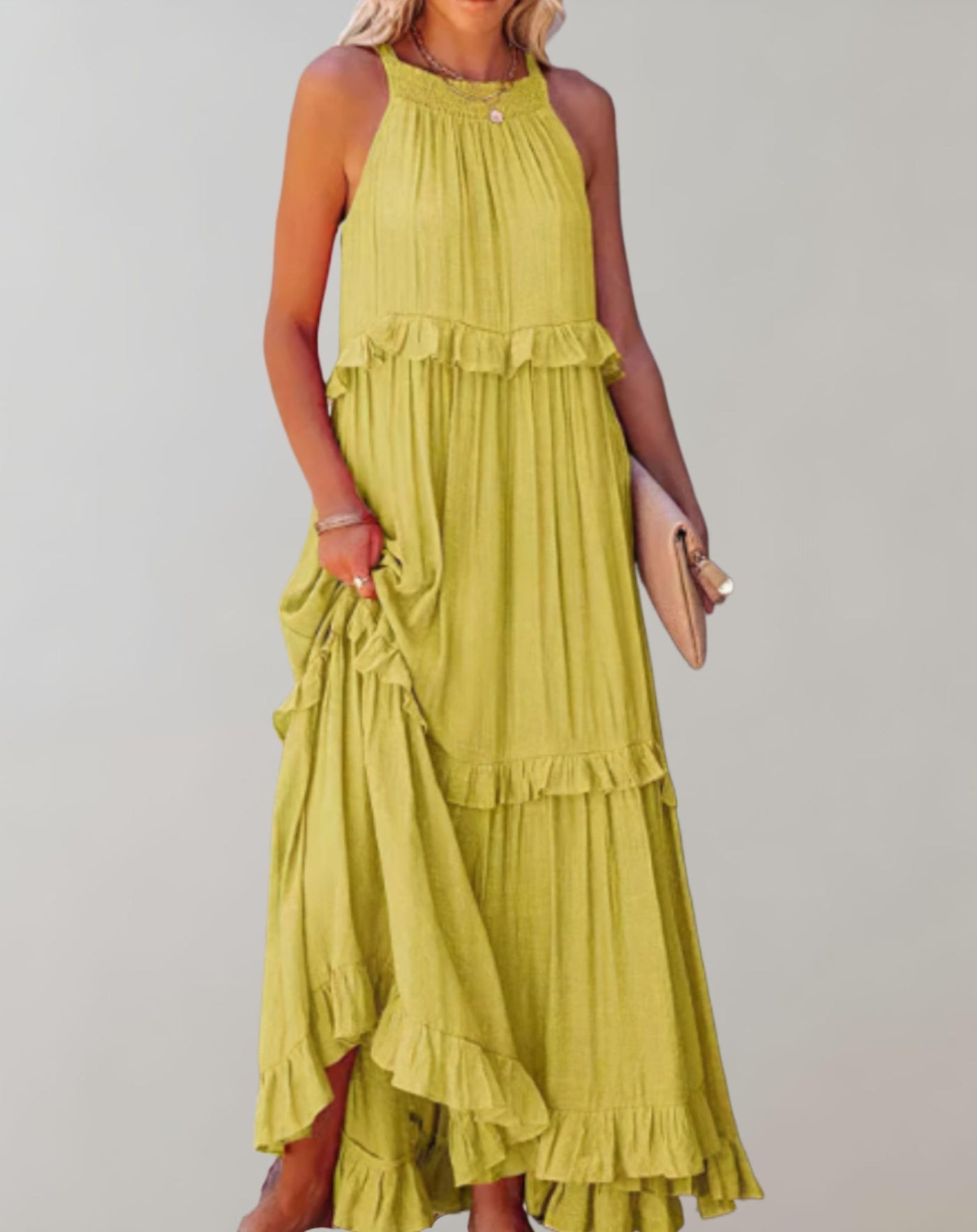 Women’s Maxi Dress - Sleeveless Flowy Fit - High Neck - Ruffle Detail - Lightweight Fabric
