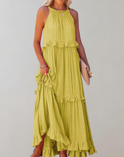 Women’s Maxi Dress - Sleeveless Flowy Fit - High Neck - Ruffle Detail - Lightweight Fabric