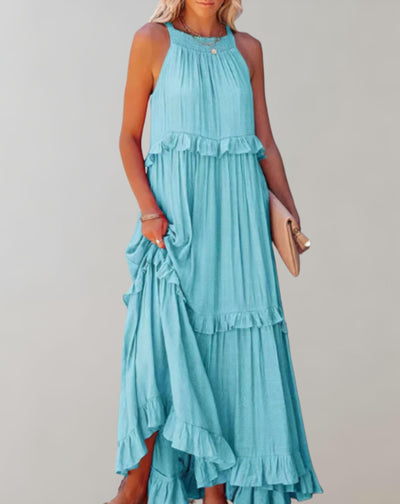 Women’s Maxi Dress - Sleeveless Flowy Fit - High Neck - Ruffle Detail - Lightweight Fabric