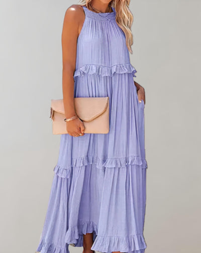 Women’s Maxi Dress - Sleeveless Flowy Fit - High Neck - Ruffle Detail - Lightweight Fabric