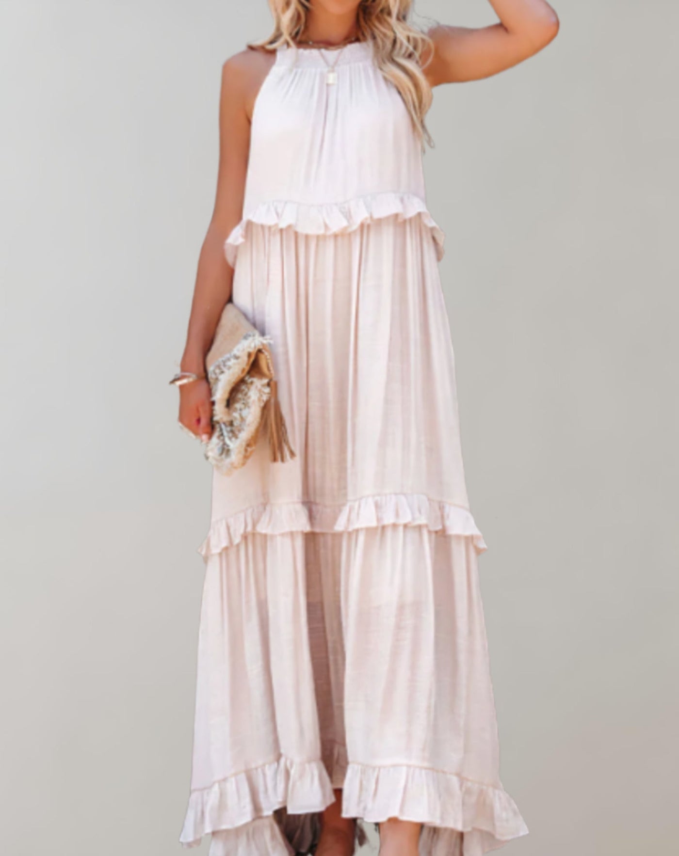 Women’s Maxi Dress - Sleeveless Flowy Fit - High Neck - Ruffle Detail - Lightweight Fabric