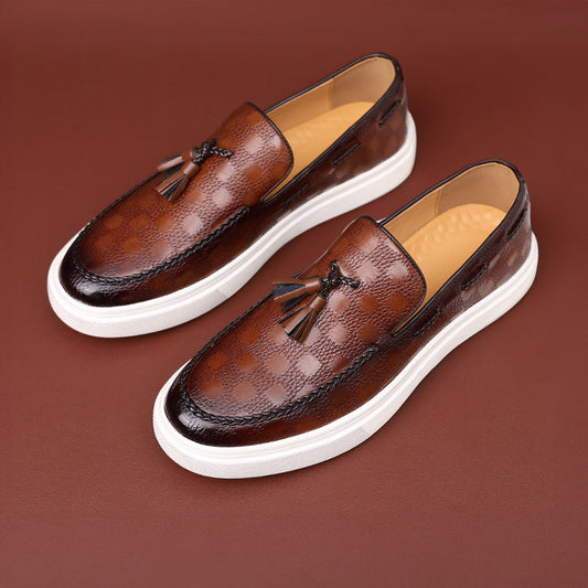 Men’s Leather Loafers – Embossed Pattern – Tassel Detail – Slip-On – Regular Fit