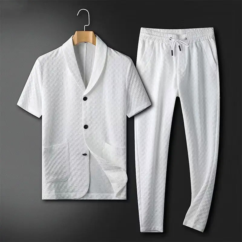 Men’s Blazer and Trousers Set – Relaxed Fit – Breathable Blend – Short Sleeve Design