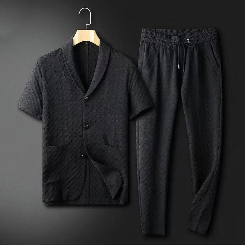 Men’s Blazer and Trousers Set – Relaxed Fit – Breathable Blend – Short Sleeve Design