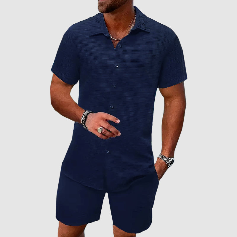 Men’s Shirt and Shorts Set – Relaxed Fit – Breathable Blend – Short Sleeve Button-Up