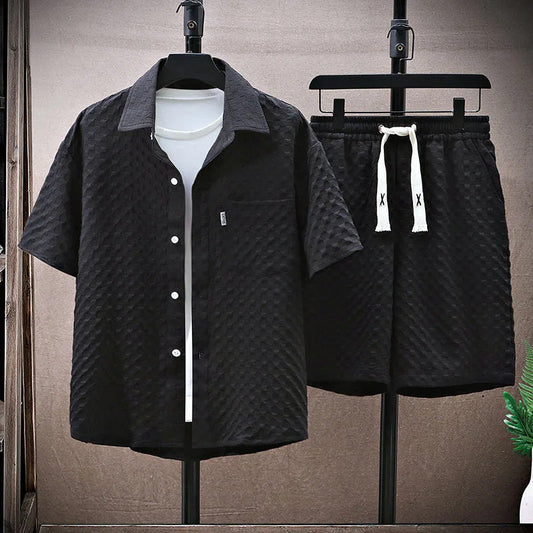 Men’s Streetwear Set – Relaxed Fit Shirt & Shorts – Textured Breathable Blend – Button-Up & Drawstring