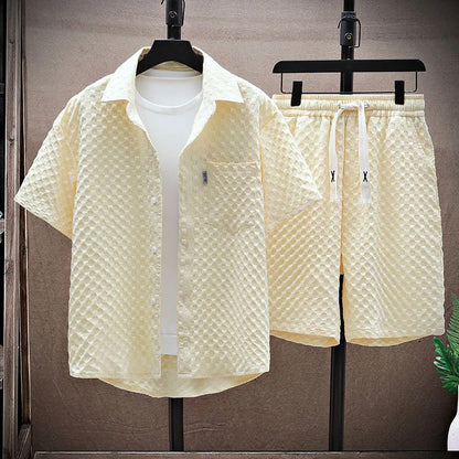 Men’s Streetwear Set – Relaxed Fit Shirt & Shorts – Textured Breathable Blend – Button-Up & Drawstring