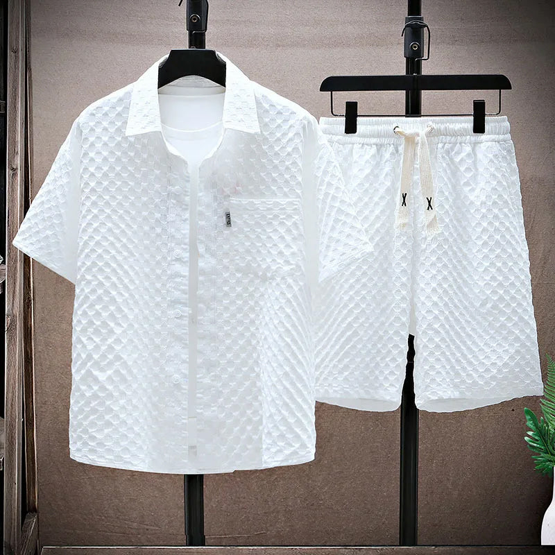 Men’s Streetwear Set – Relaxed Fit Shirt & Shorts – Textured Breathable Blend – Button-Up & Drawstring