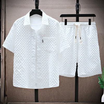 Men’s Streetwear Set – Relaxed Fit Shirt & Shorts – Textured Breathable Blend – Button-Up & Drawstring