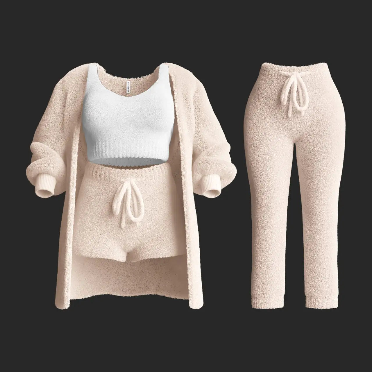 Womens plush knitted sweater with long sleeves and a cropped design, paired with shorts and pants in a four-piece set