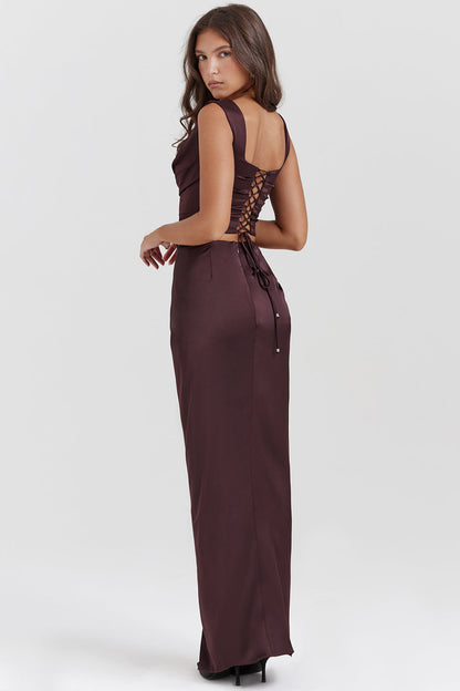 Women’s Corset Top and Maxi Skirt Set – Luxury Fabric – Fitted Bust – High Slit Draped Skirt