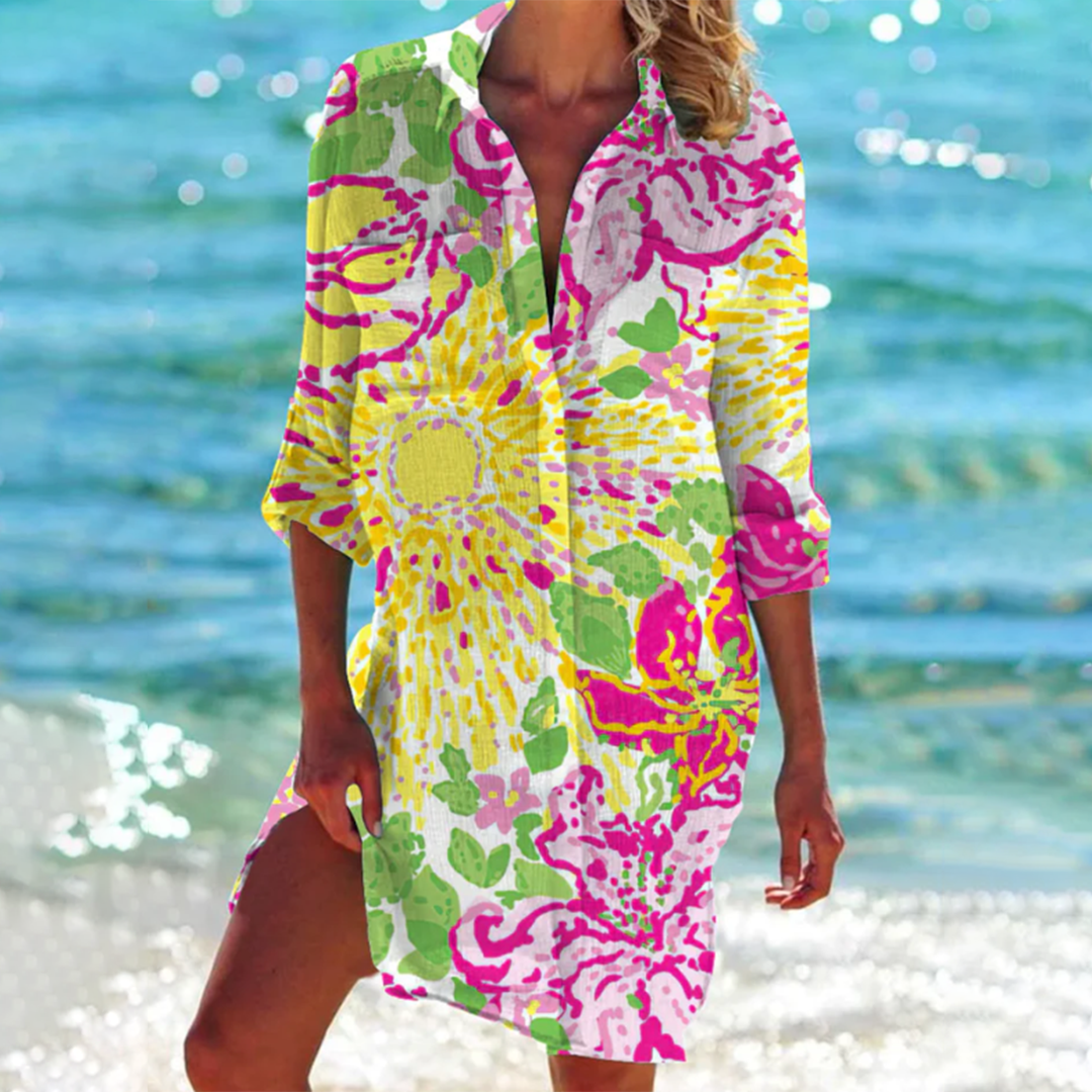 Women's Boho Short Dress - Flowy Lightweight Fabric - V-Neck Casual Wear