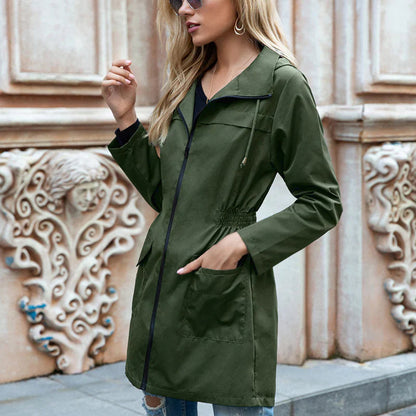 Women’s Long Raincoat – Relaxed Fit – Adjustable Hood and Waist
