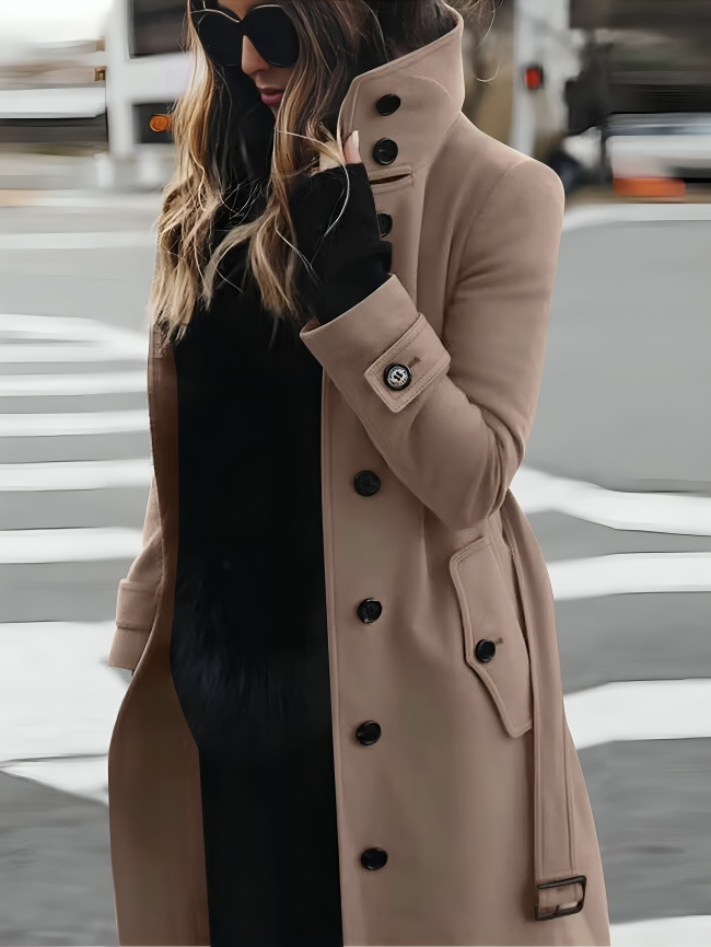 Women’s Long Coat – Slim Fit – Double Breasted – High Collar – Belted Waist