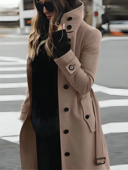 Women’s Long Coat – Slim Fit – Double Breasted – High Collar – Belted Waist