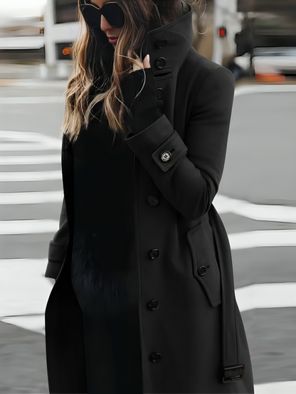 Women’s Long Coat – Slim Fit – Double Breasted – High Collar – Belted Waist