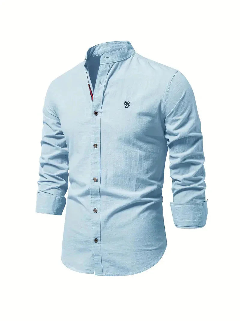 Men’s Casual Shirt - Cotton Blend - Slim Fit - Mandarin Collar - Long Sleeve