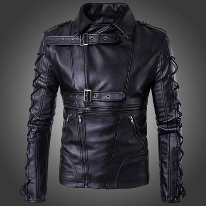 Men's casual motorcycle jacket with drawstring and buckle closures