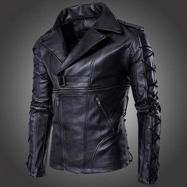 Men's casual motorcycle jacket with drawstring and buckle closures