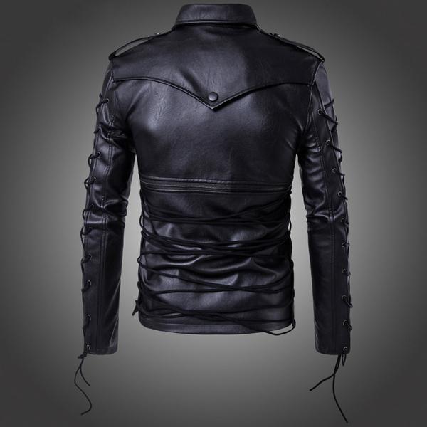 Men's casual motorcycle jacket with drawstring and buckle closures