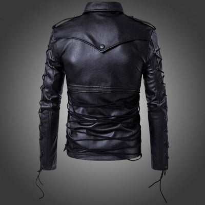 Men's casual motorcycle jacket with drawstring and buckle closures