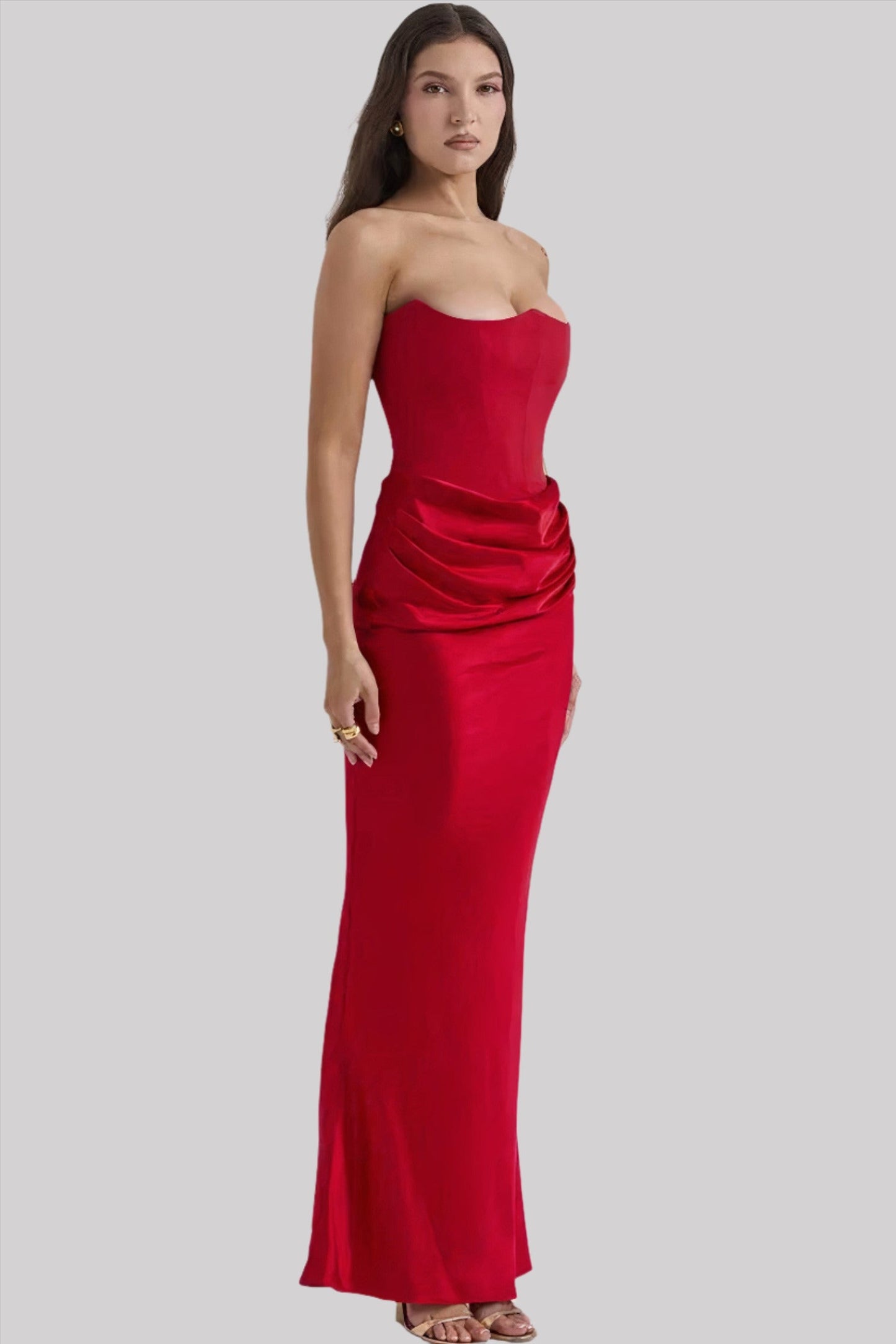 Women’s Maxi Dress – Strapless Draped Fit – Satin-Like Fabric – Formal Evening Wear