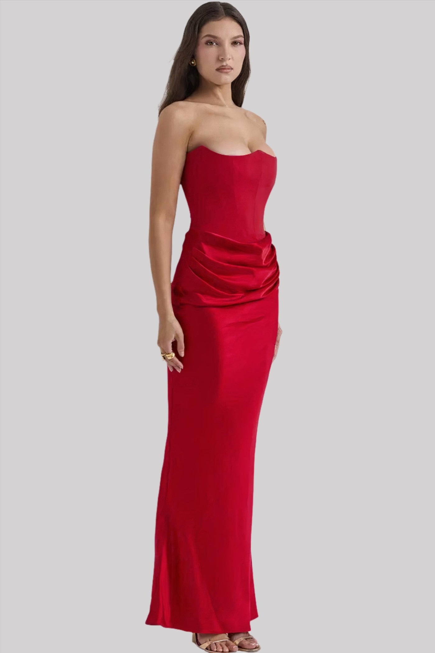 Women’s Maxi Dress – Strapless Draped Fit – Satin-Like Fabric – Formal Evening Wear