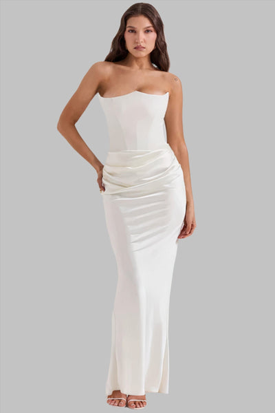 Women’s Maxi Dress – Strapless Draped Fit – Satin-Like Fabric – Formal Evening Wear