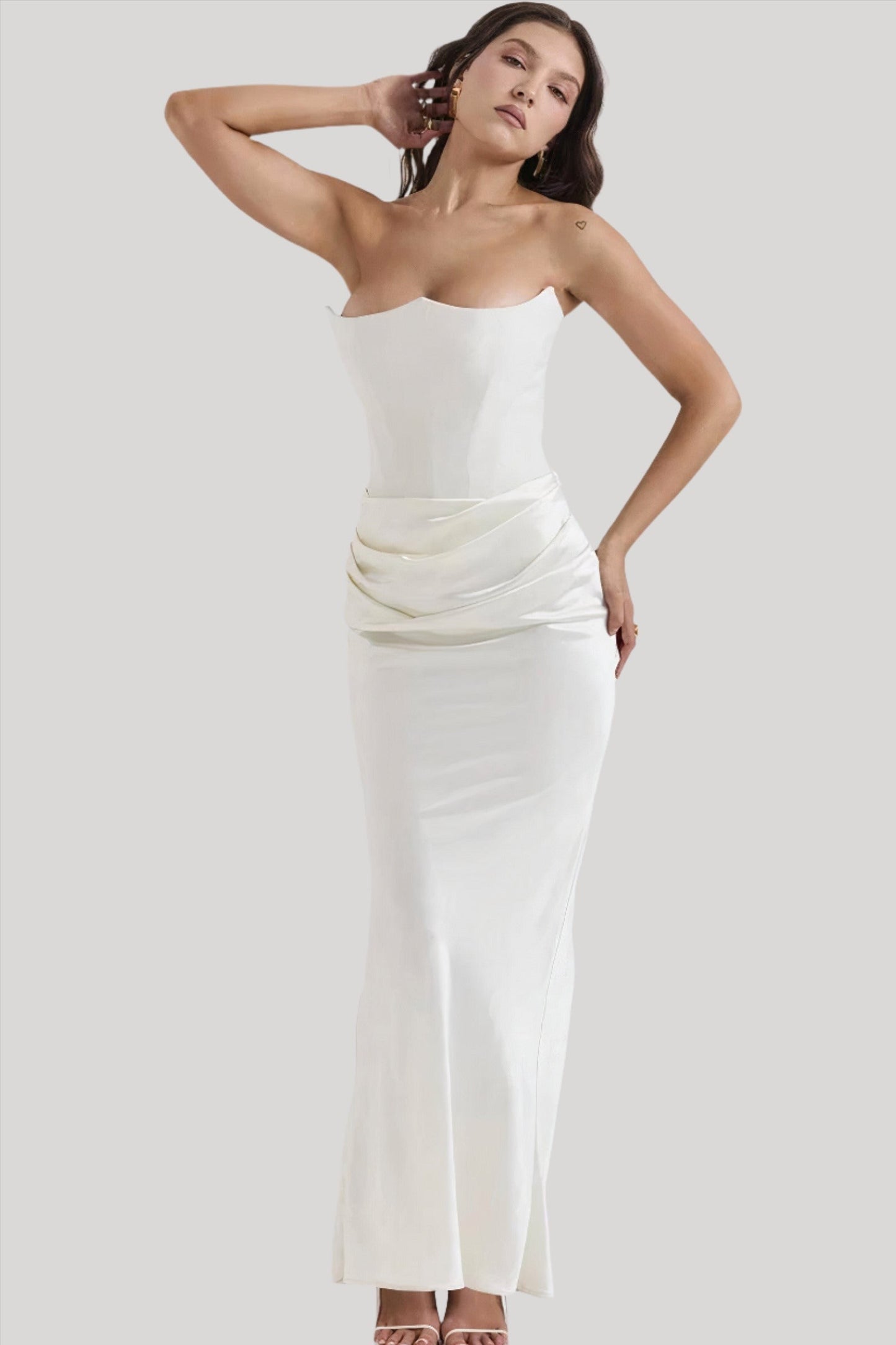 Women’s Maxi Dress – Strapless Draped Fit – Satin-Like Fabric – Formal Evening Wear