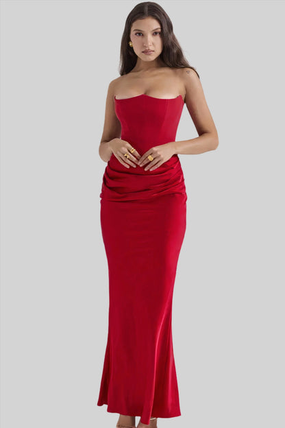 Women’s Maxi Dress – Strapless Draped Fit – Satin-Like Fabric – Formal Evening Wear