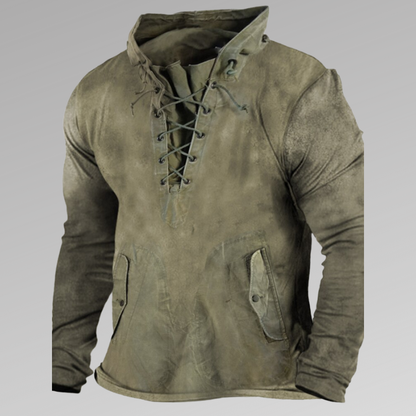 Men’s Long-Sleeve Shirt – Relaxed Fit – Rugged Cotton – Lace-Up Neck – Button Pockets