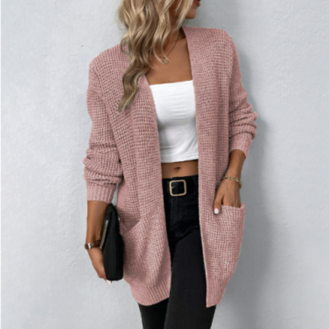 Women’s Long Cardigan – Relaxed Fit – Soft Knit – Open Front – Ribbed Hem – Pockets
