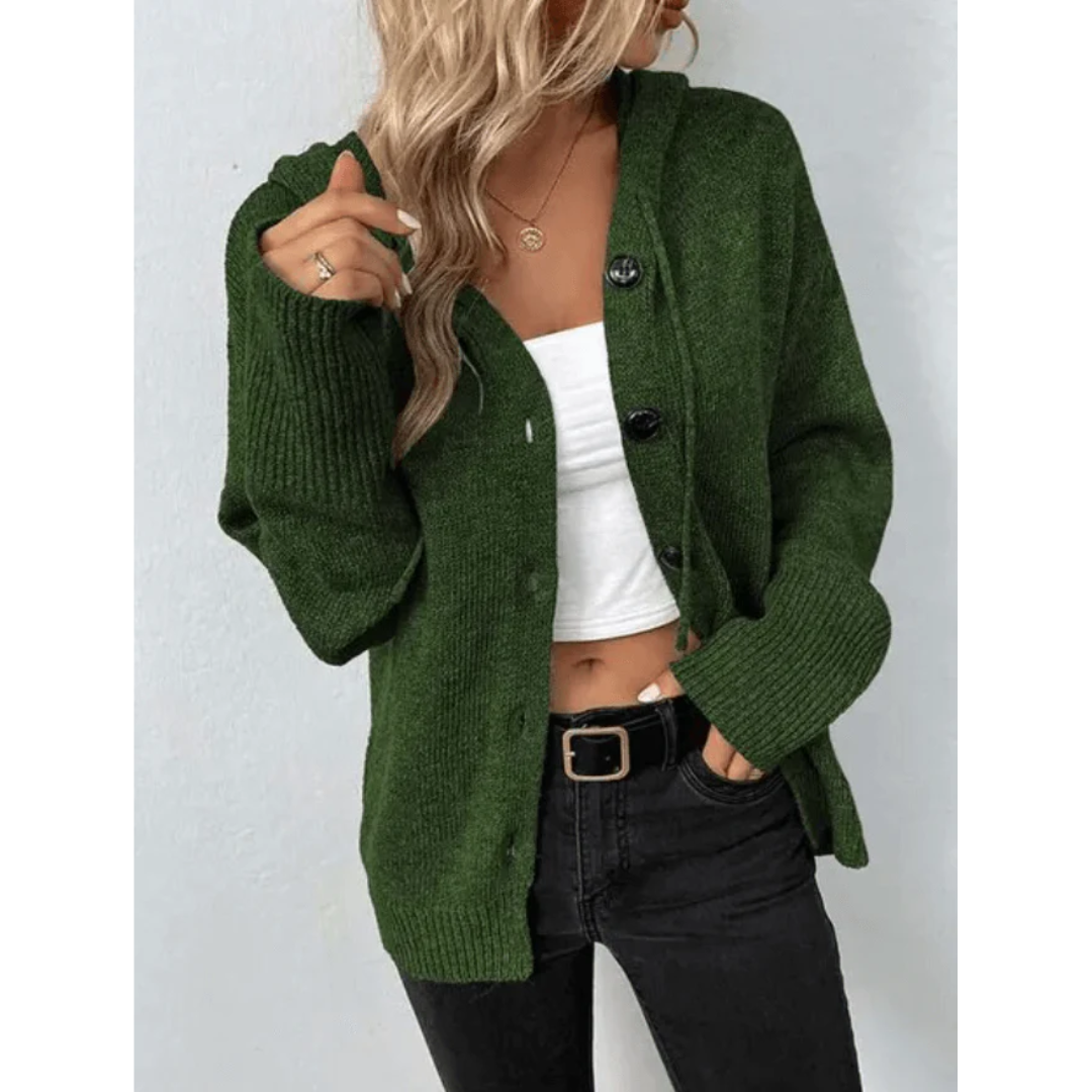 Women’s Knitted Cardigan – Soft Knit – Oversized Fit – Hooded – Button Front Layer