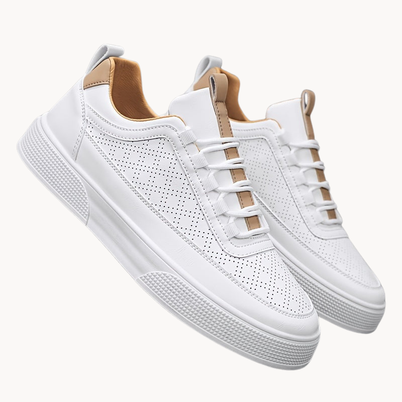 Men’s Leather Sneakers - Breathable Perforated Design - Cushioned Sole - Casual Wear